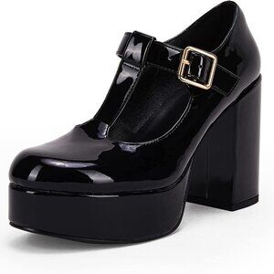 Womens Patent T-Strap Chunky Platform Heels Mary Jane Dress Shoes 9